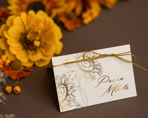  glamour winietki ślubne wizytówki dla gości weselnych, złote lub srebrne napisy, winietki ze słonecznikami na stół weselny 