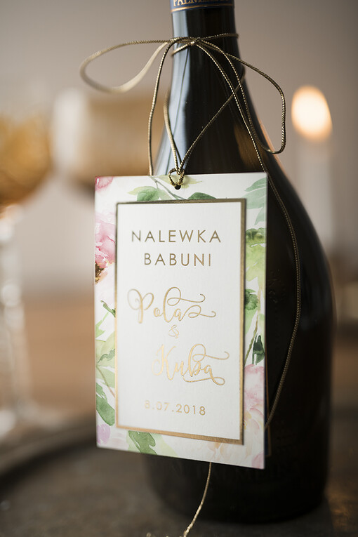  glamour zawieszki na alkohole weselne, złote z dowolną treścią