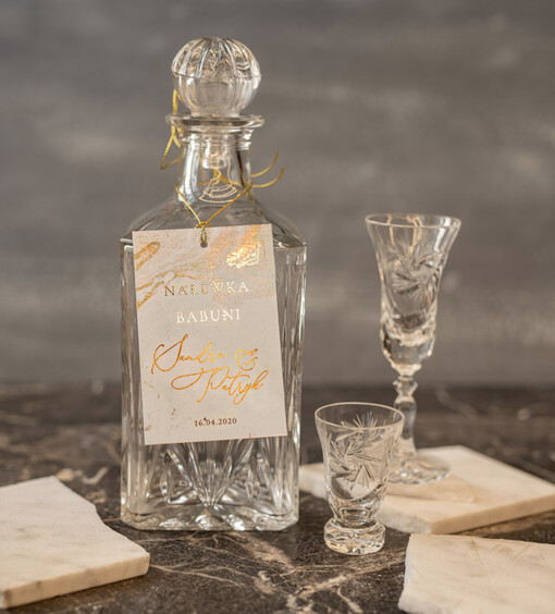  glamour zawieszki na nalewki weselne, złote śmieszne teksty