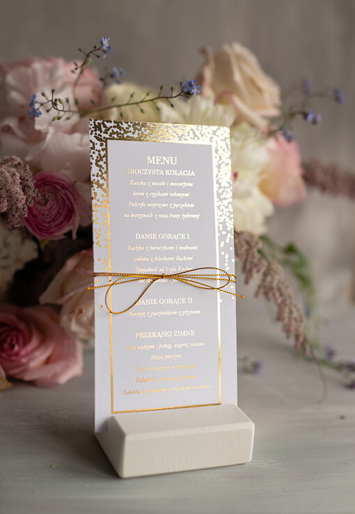  glamour ślubne menu z planem podawania dań wesenych, zlocone napisy dowolna treść