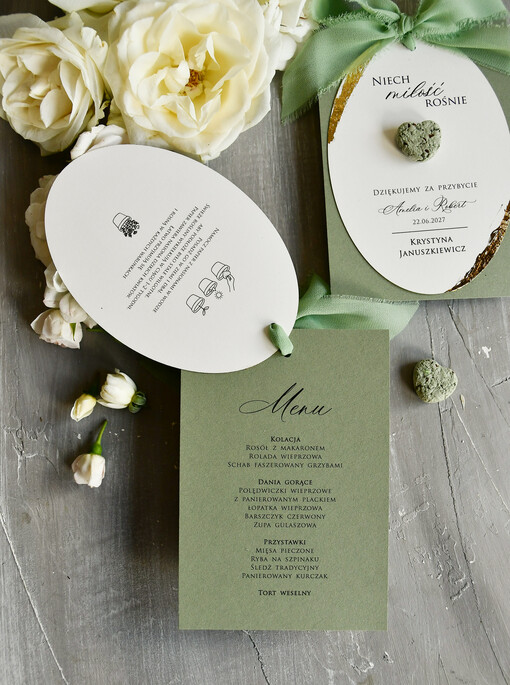 Menu glamour menu weselne plan podawania posiłków na weselu, winietka i prezent dla gości 