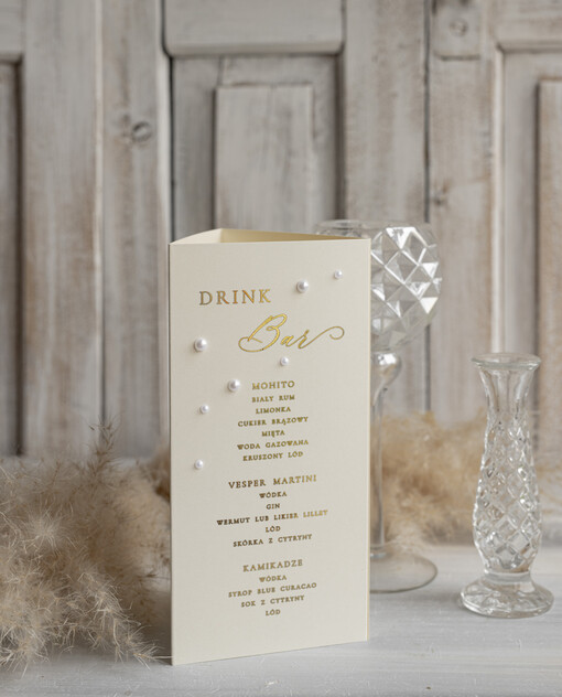  glamour menu weselne karta dań weselnych, eleganckie menu zlocone litery i perełki, stojąca karta dań z numerkiem stołu w jednym, menu, karta drinków, karta deserów 