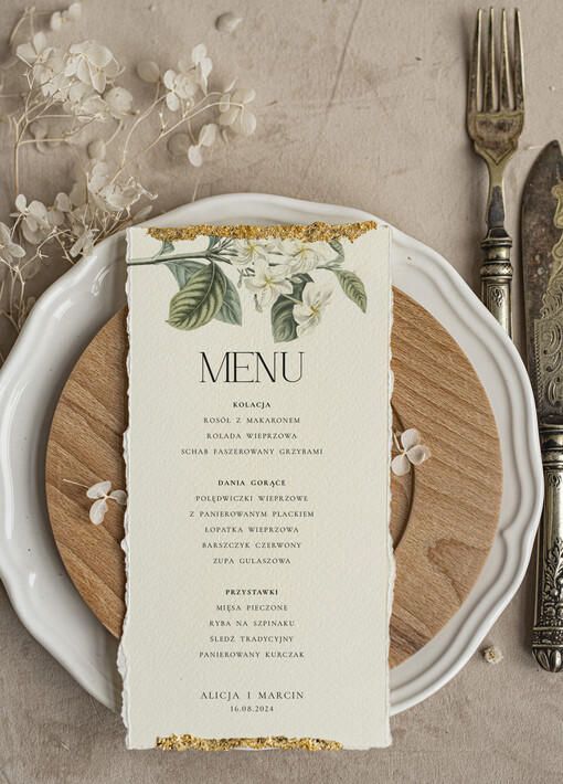  glamour złota karta dań weselnych, menu weselne z dartymi brzegami i płatkami złota, karta podawania dań na weselu ze złotem 