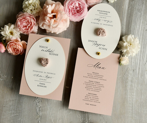 Menu glamour menu weselne, winietka oraz podziękowanie dla gości serduszko z nasionkami