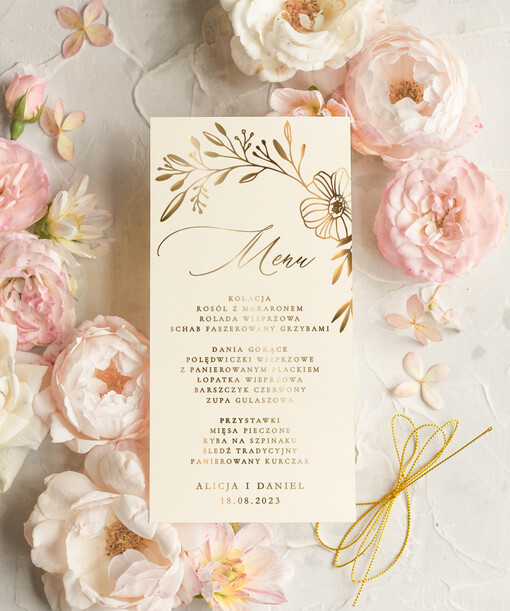  glamour weselne menu karta potraw weselnych, glamour złote litery wasza treść, menu na stół weselny