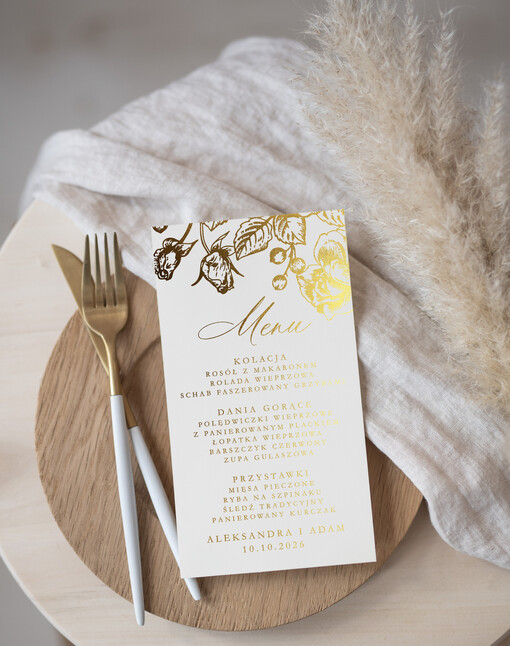  glamour menu weselne na stoły karta dań weselnych, zlocone napisy dowolna treść, menu na stół weselny