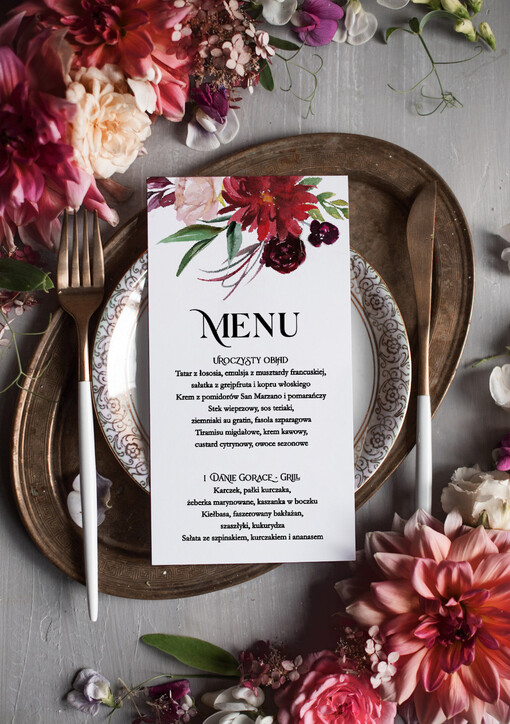  glamour ślubne menu karta potraw weselnych, złote i eleganckie na klasyczne wesele