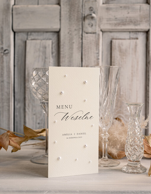  glamour eleganckie menu na ttół weselny, karta dań weselnych, menu weselne z perełkami, karta podawania dań na weselu menu z perełkami, delikatne menu weselne 