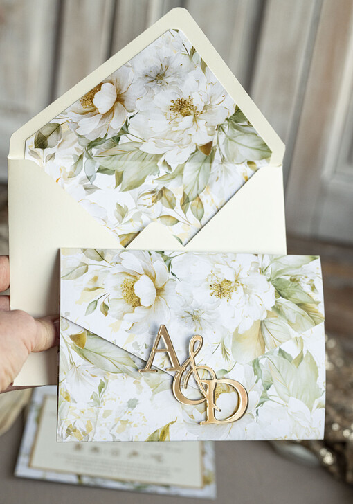  próbki zaproszeń Próbka Poziome złote zaproszenia ślubne z lustrzanym monogramem, Kopertowe biało kremowe  zaproszenie na ślub złocone, zaproszenia na slub cywilny kwiatowe