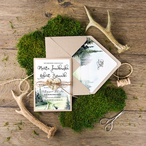  Rustykalne i Natura Leśne Rustykalne zaproszenia ślubne Las w Górach Zielone Eko  Góralskie Zaproszenia na ślub w stylu rustykalnym Zielone Zaproszenie Ślub Góry