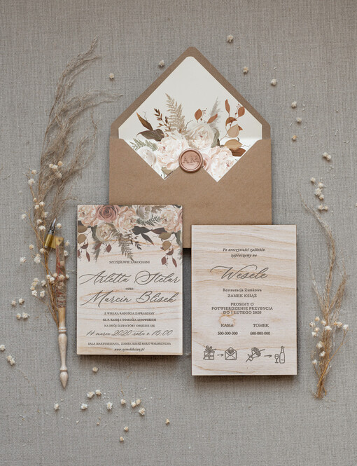 Rustykalne i Natura zaproszenia ślubne boho druk treści na drewnie 