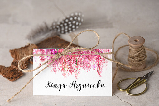  Boho/etno/pióra ręcznie robione winietki  ślubne z wrzosem wizytówki na stół weselny ze szurkiem rustykalne