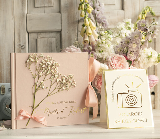  Boho/etno/pióra Księga wpisów gości z gipsówką na zdjęcia z instaxa, ksiega pamiątkowa na wpisy gości weselnych i zdjęcia z fotobudki 