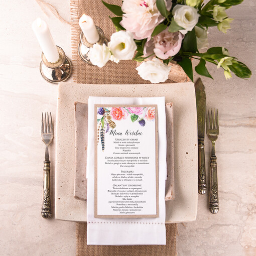  boho ślubne menu karta potraw weselnych, w stylu boho wasza treść