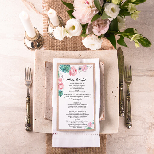  boho menu weselne na stół karta dań weselnych, boho na romantyczne wesele