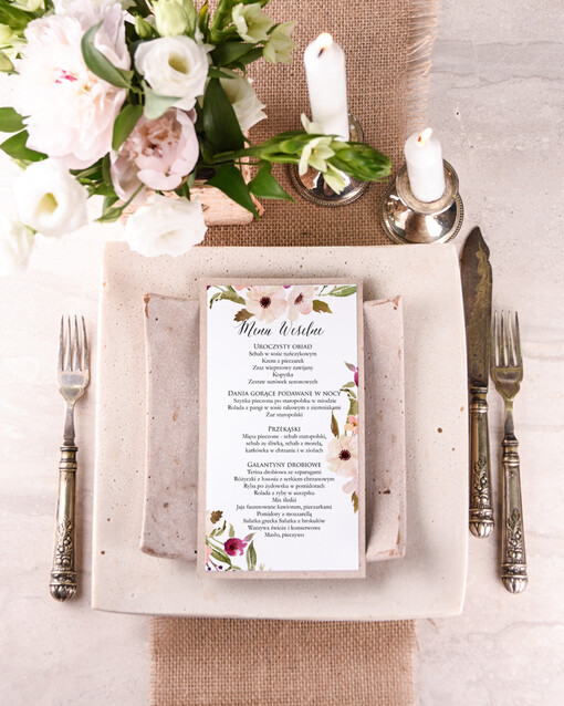  boho ślubne menu karta potraw weselnych, boho z dowoną treścią