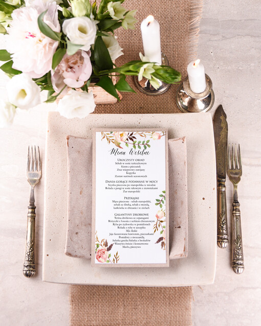  boho menu weselne na stoły plan podawania posiłków, boho wasze imiona i treść