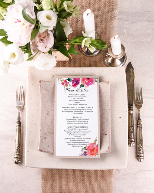  boho menu weselne na stół karta dań weselnych, boho na romantyczne wesele