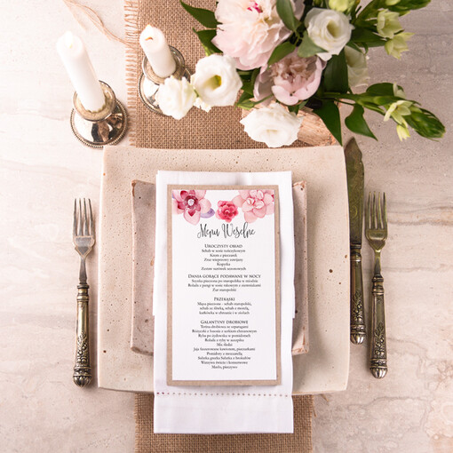  boho menu weselne na stoły plan podawania posiłków, boho z dowoną treścią