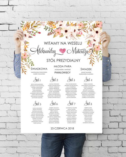  Plakaty Boho tablica z planem stołów na wesele plan stołów weselnych, boho styl romantyczne kwiaty
