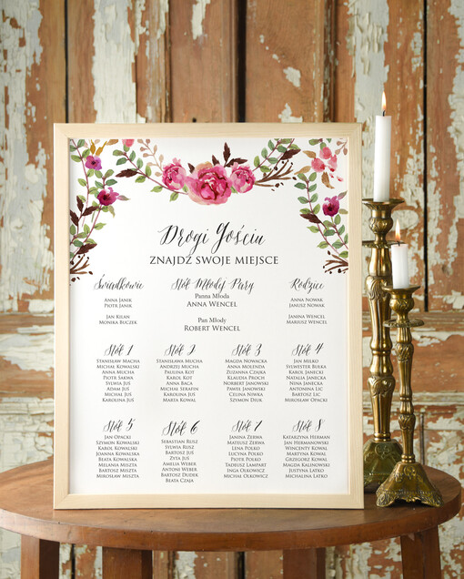  Plakaty Boho tablica z planem stołów na wesele plan stołów weselnych, boho styl kolorowe kwiaty