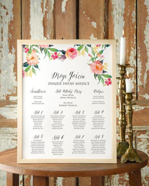  Plakaty Boho powitanie gości na sali ślubnej i plan stołów, w stylu boho romantyczne kwiaty\\