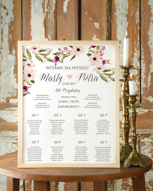  Plakaty Boho planer ślubny plan usadzenia gości na weselu, boho styl romantyczne kwiaty
