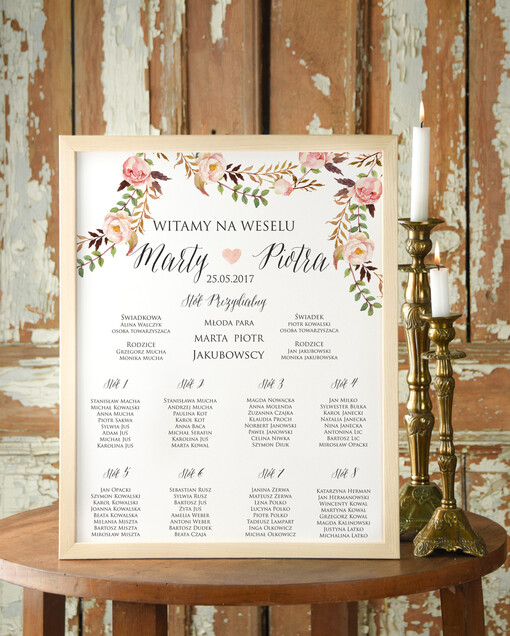  Plakaty Boho powitanie i usadzenie gości plan stołów weselnych, boho styl romantyczne kwiaty