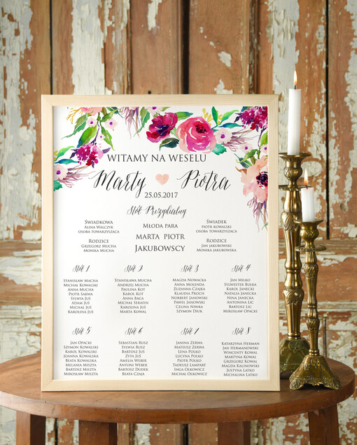  Plakaty Boho tablica z planem stołów na wesele plan stołów weselnych, boho styl kolorowe kwiaty