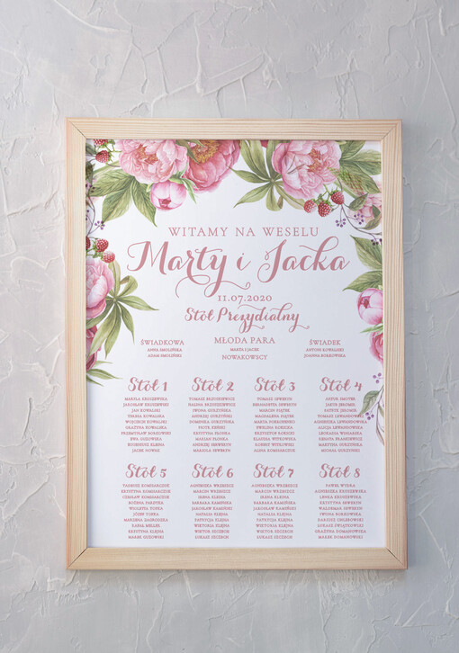  Plakaty Rustykalne Piwonie i Maliny tablica z rozmieszczeniem gości plan stołów weselnych w stylu rustykalnym dopasuj swoj rozmiar  
