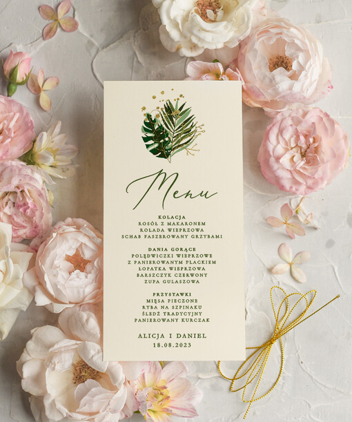  botaniczne podróżnicze  Menu weselne, delikatne i proste menu ślubne, plan podawania posiłków na weselu, karta dań weselnych, eleganckie menu na stoły weselne