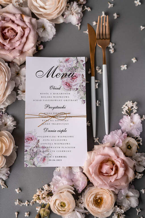  botaniczne podróżnicze  Menu weselne, delikatne i proste menu ślubne, plan podawania posiłków na weselu, karta dań weselnych, eleganckie menu na stoły weselne