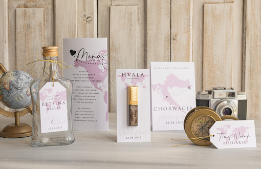  botaniczne podróżnicze  karta dań weselnych menu weselne plan podawania posiłków numerek na stół weselny w jednym, menu weselne z mapą świata 