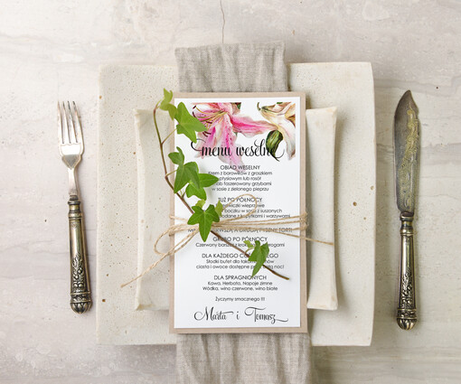  botaniczne podróżnicze  ślubne menu karta potraw weselnych, eleganckie na klasyczne wesele