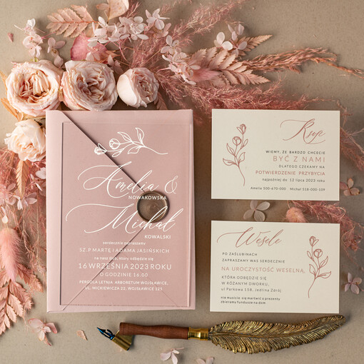  Minimalistyczne zaproszenia na ślub cywilny na akrylu, nowoczesne zaproszenie ślubne plexa, przezroczyste zaproszenie na ślub na pleksie, pudrowy róz 