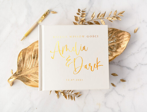  glamour księga gości weselnych czarne kartki do wyboru, glamour złocone imiona i data ślubu