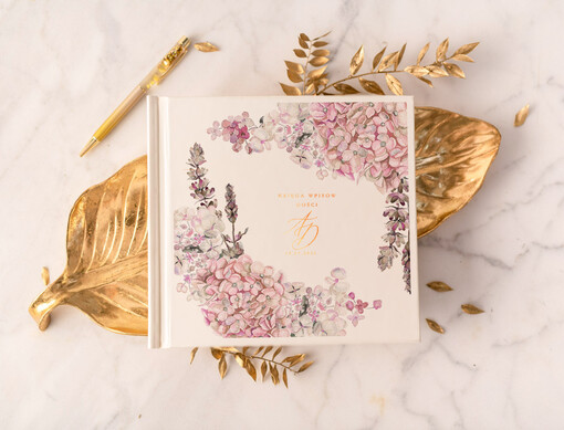  glamour złocona pamiątkowa księga wpisów gości z kwiatową grafiką w różowych kolorach 