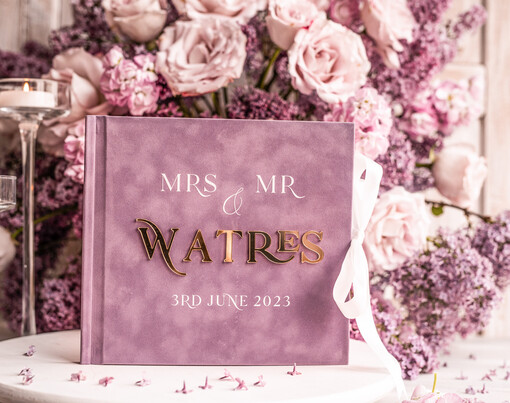  welurowe Fioletowa księga wpisów gości ze złotymi napisami, elegancka pamiątkowa księga gości, księga na zdjęcia i życzenia od Gości weselnych, pamiatkowa ksiega gosci