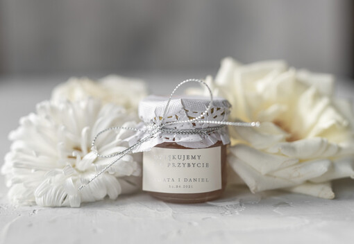  Miody i słoiczki Nutella prezenciki dla gości weselnych, miód w słoiczku, elegancki prezent dla gości weselnych 