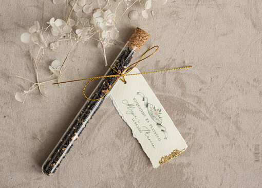  Fiolki podziękowania dla gości zdobione złotem, podziękowania dla gości po weselu, piękne podziękowania dla gości herbata, szklana fiolka z herbatką