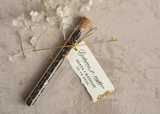  Fiolki podziękowania dla gości zdobione złotem, podziękowania dla gości po weselu, piękne podziękowania dla gości herbata, szklana fiolka z herbatką