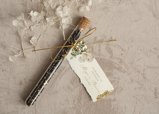  Fiolki złote podziękowania dla gości, podziękowania dla gości po weselu, piękne podziękowania dla gości herbata, szklana fiolka z herbatką