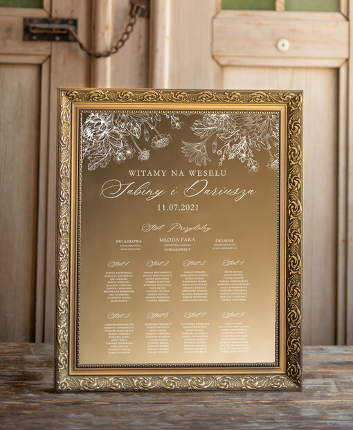  złote na lustrze  tablica informacyjna dla gości weselnych, wydruk na złotym lustrze