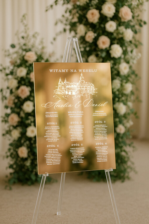  złote na lustrze  Złoty plan usadzenia gości, plan stołów na weselu złote lustro, plan stolow glamour, złota plansza weselna, plan usadzenia gosci na weselu na zlotym lustrze 