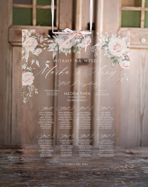  na pleksie - akryl przezroczysta akrylowa tablica z planem stołów na wesele usadzenie gości weselnych  