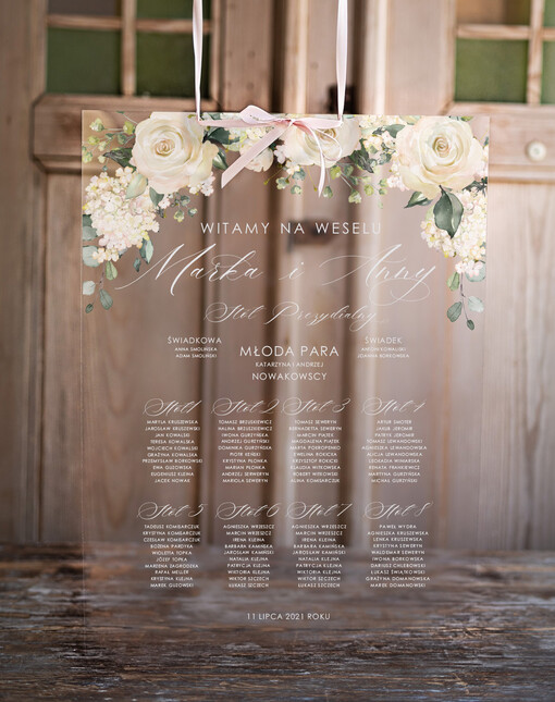  na pleksie - akryl Przeźroczysta plansza powitanie gości i plan stołów w jednym   Powitanie gości na weselu przezroczysta tablica   Plexi Witamy na weselu tablica z powitaniem gości weselnych Pleksa  personalizowana