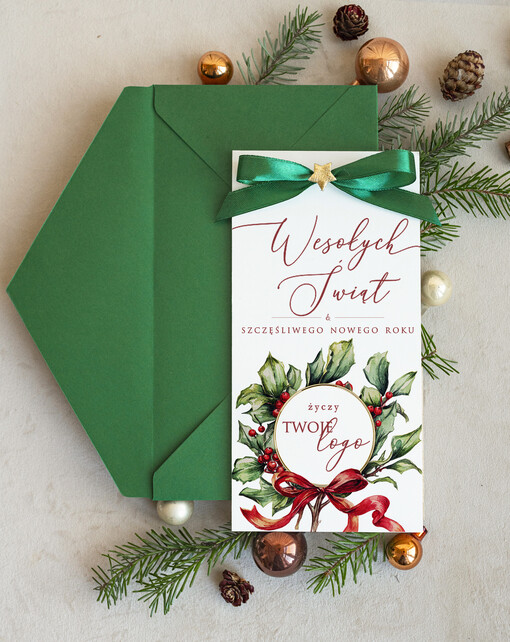  Kokardki  biznesowe kartki świąteczne z logo, karnety bożonarodzeniowe i na nowy rok z kokardką