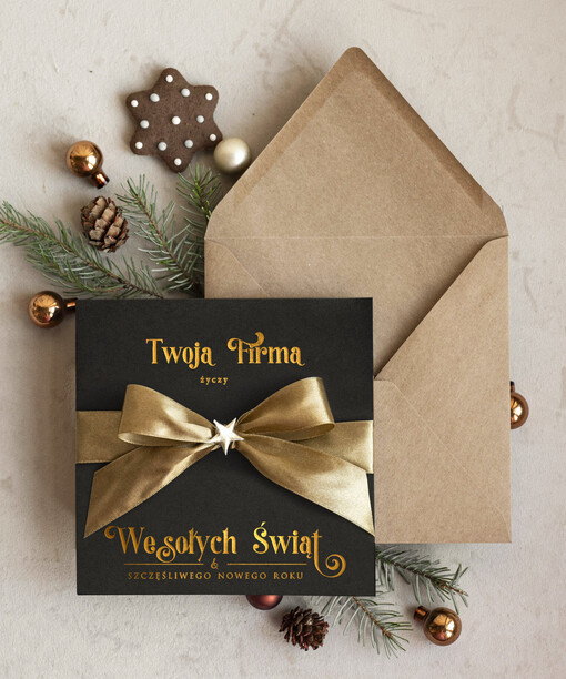  Kokardki  Złocone kartki na święta z logo firmy, świąteczna kartka biznesowa z kokardką i złotymi napisami, nowoczesna firmowa kartka bożonarodzeniowa