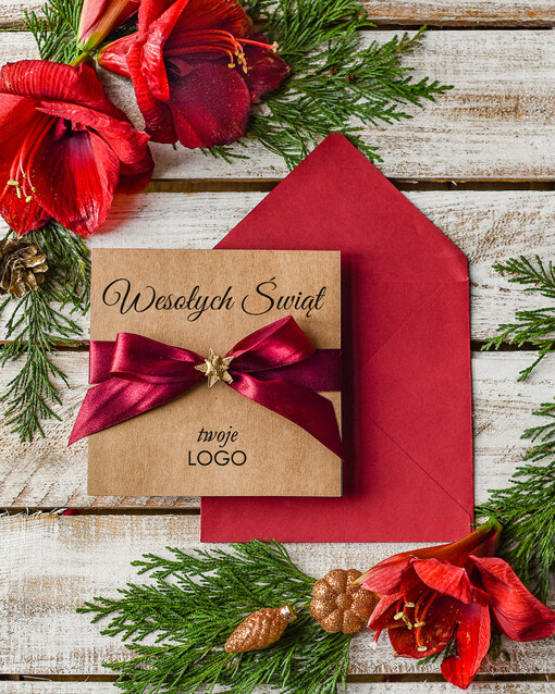  Kokardki  kartki swiateczne z logo firmy, świąteczne kartki ze wstążką, firmowe kartki swiateczne, kartki świąteczne dla pracowników 