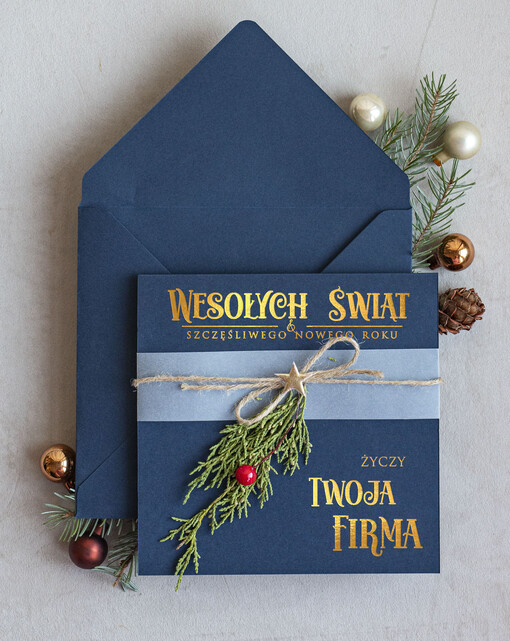  Kokardki  Złocone kartki na święta z logo firmy, świąteczna kartka biznesowa z kokardką i złotą grafiką, nowoczesna firmowa kartka bożonarodzeniowa